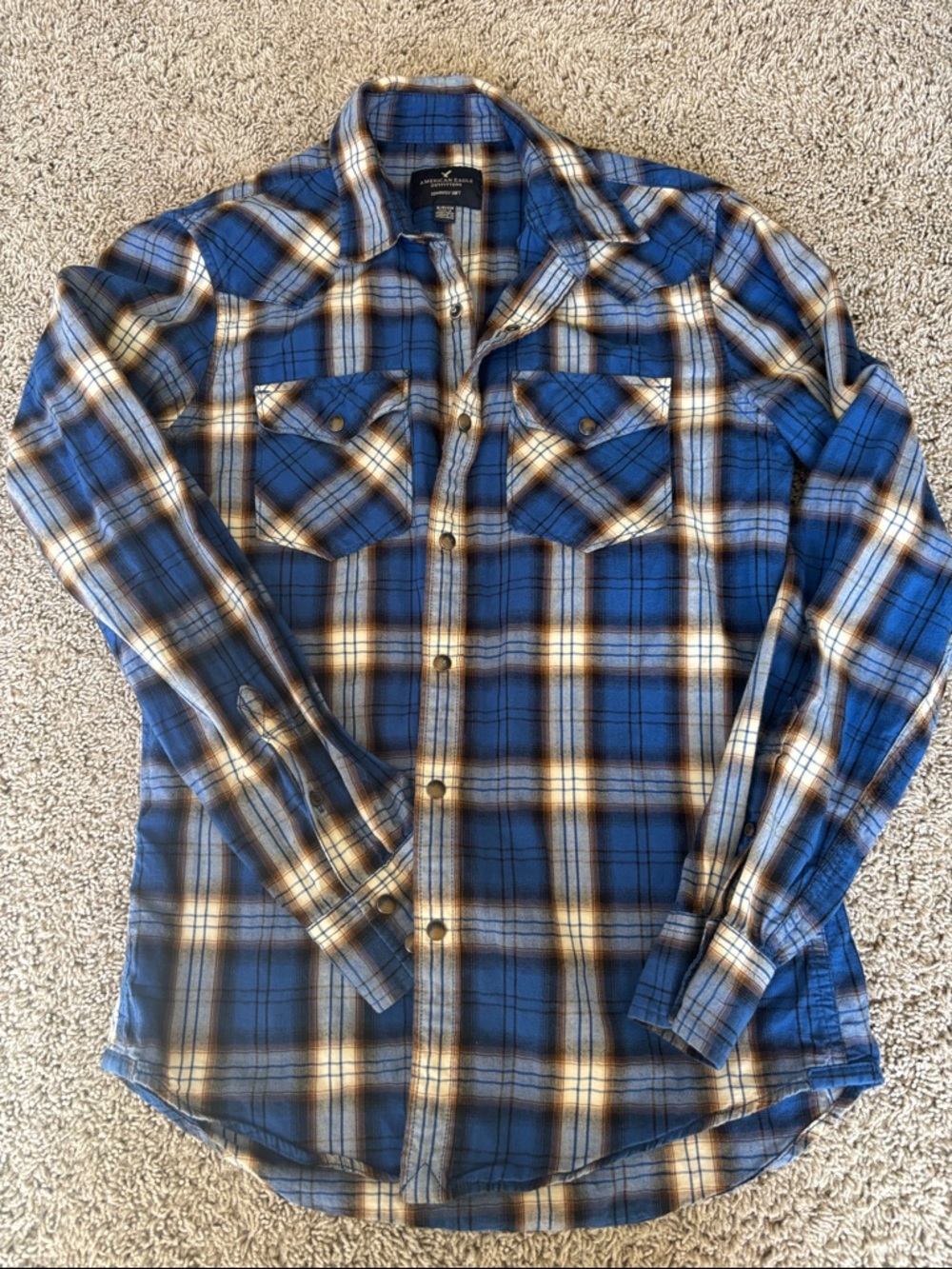 Blue Plaid Men's American Eagle Button-Up Shirt